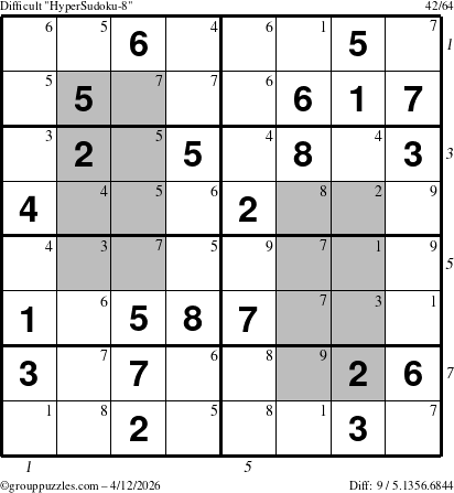 The grouppuzzles.com Difficult HyperSudoku-8 puzzle for Sunday April 12, 2026, suitable for printing, with all 9 steps marked