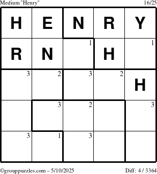 The grouppuzzles.com Medium Henry puzzle for Saturday May 10, 2025 with the first 3 steps marked