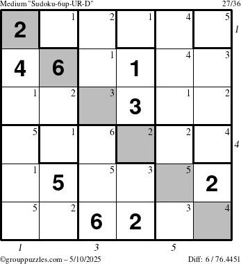 The grouppuzzles.com Medium Sudoku-6up-UR-D puzzle for Saturday May 10, 2025 with all 6 steps marked