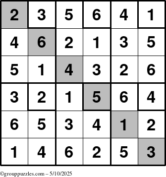 The grouppuzzles.com Answer grid for the Sudoku-6up-UR-D puzzle for Saturday May 10, 2025