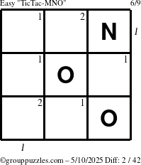 The grouppuzzles.com Easy TicTac-MNO puzzle for Saturday May 10, 2025 with all 2 steps marked