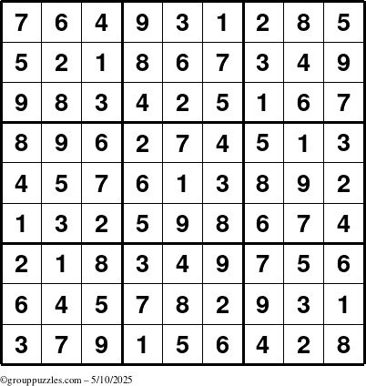The grouppuzzles.com Answer grid for the Sudoku puzzle for Saturday May 10, 2025