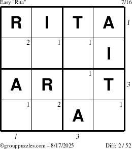 The grouppuzzles.com Easy Rita puzzle for Sunday August 17, 2025, suitable for printing, with all 2 steps marked