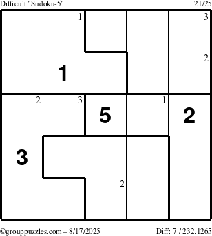 The grouppuzzles.com Difficult Sudoku-5 puzzle for Sunday August 17, 2025 with the first 3 steps marked