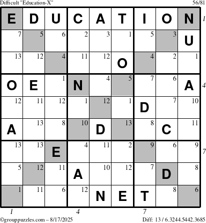 The grouppuzzles.com Difficult Education-X puzzle for Sunday August 17, 2025, suitable for printing, with all 13 steps marked