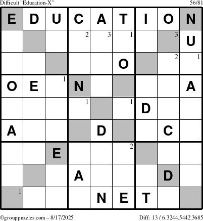 The grouppuzzles.com Difficult Education-X puzzle for Sunday August 17, 2025 with the first 3 steps marked
