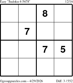 The grouppuzzles.com Easy Sudoku-4-5678 puzzle for Wednesday April 29, 2026