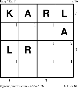 The grouppuzzles.com Easy Karl puzzle for Wednesday April 29, 2026, suitable for printing, with all 2 steps marked