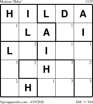 The grouppuzzles.com Medium Hilda puzzle for Wednesday April 29, 2026 with the first 3 steps marked