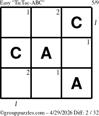 The grouppuzzles.com Easy TicTac-ABC puzzle for Wednesday April 29, 2026, suitable for printing, with all 2 steps marked