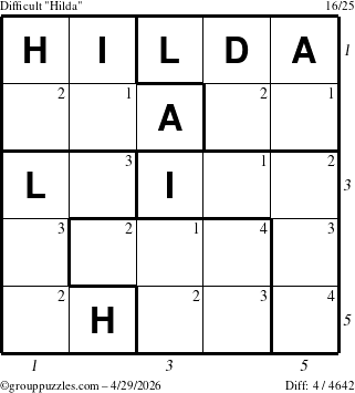 The grouppuzzles.com Difficult Hilda puzzle for Wednesday April 29, 2026, suitable for printing, with all 4 steps marked