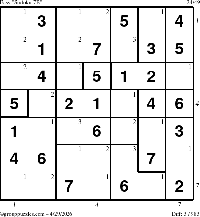 The grouppuzzles.com Easy Sudoku-7B puzzle for Wednesday April 29, 2026 with all 3 steps marked