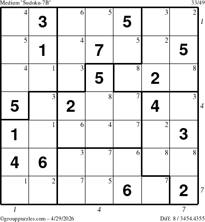 The grouppuzzles.com Medium Sudoku-7B puzzle for Wednesday April 29, 2026, suitable for printing, with all 8 steps marked