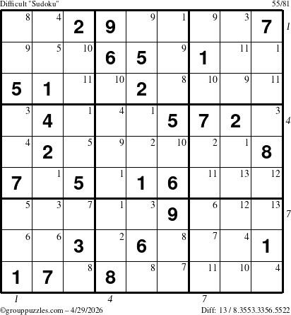 The grouppuzzles.com Difficult Sudoku puzzle for Wednesday April 29, 2026 with all 13 steps marked