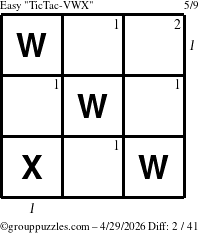 The grouppuzzles.com Easy TicTac-VWX puzzle for Wednesday April 29, 2026, suitable for printing, with all 2 steps marked