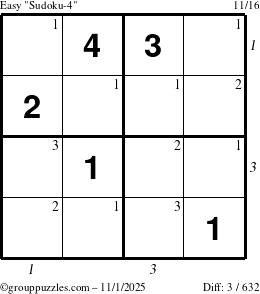 The grouppuzzles.com Easy Sudoku-4 puzzle for Saturday November 1, 2025, suitable for printing, with all 3 steps marked