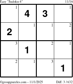 The grouppuzzles.com Easy Sudoku-4 puzzle for Saturday November 1, 2025 with the first 3 steps marked