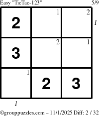 The grouppuzzles.com Easy TicTac-123 puzzle for Saturday November 1, 2025 with all 2 steps marked