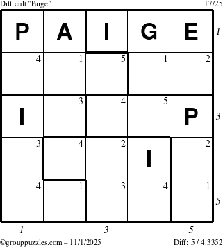 The grouppuzzles.com Difficult Paige puzzle for Saturday November 1, 2025 with all 5 steps marked