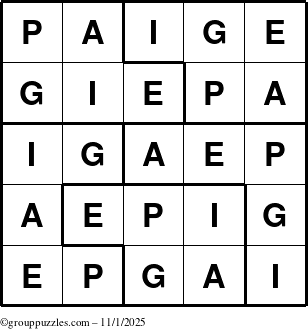 The grouppuzzles.com Answer grid for the Paige puzzle for Saturday November 1, 2025