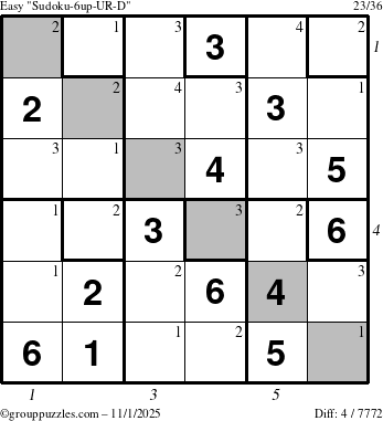 The grouppuzzles.com Easy Sudoku-6up-UR-D puzzle for Saturday November 1, 2025, suitable for printing, with all 4 steps marked