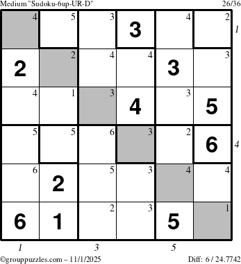 The grouppuzzles.com Medium Sudoku-6up-UR-D puzzle for Saturday November 1, 2025 with all 6 steps marked