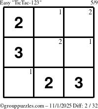 The grouppuzzles.com Easy TicTac-123 puzzle for Saturday November 1, 2025 with the first 2 steps marked