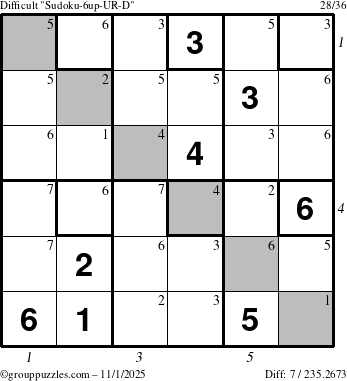 The grouppuzzles.com Difficult Sudoku-6up-UR-D puzzle for Saturday November 1, 2025 with all 7 steps marked