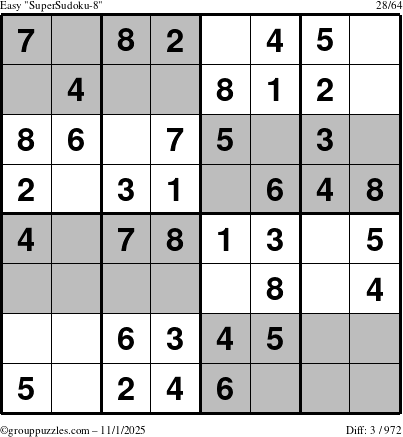 The grouppuzzles.com Easy SuperSudoku-8 puzzle for Saturday November 1, 2025