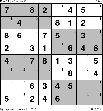 The grouppuzzles.com Easy SuperSudoku-8 puzzle for Saturday November 1, 2025 with the first 3 steps marked