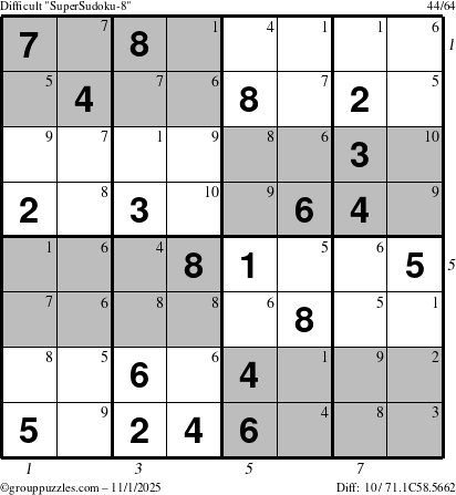 The grouppuzzles.com Difficult SuperSudoku-8 puzzle for Saturday November 1, 2025 with all 10 steps marked