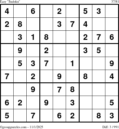The grouppuzzles.com Easy Sudoku puzzle for Saturday November 1, 2025