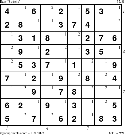 The grouppuzzles.com Easy Sudoku puzzle for Saturday November 1, 2025 with all 3 steps marked