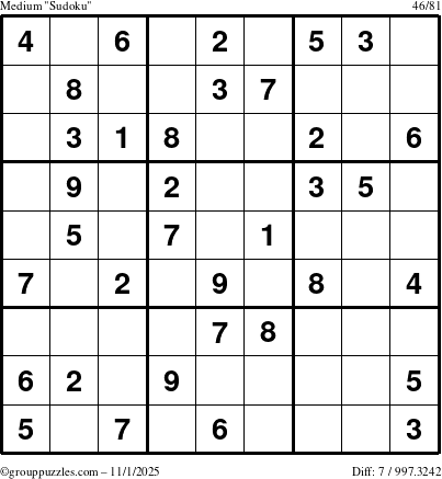 The grouppuzzles.com Medium Sudoku puzzle for Saturday November 1, 2025