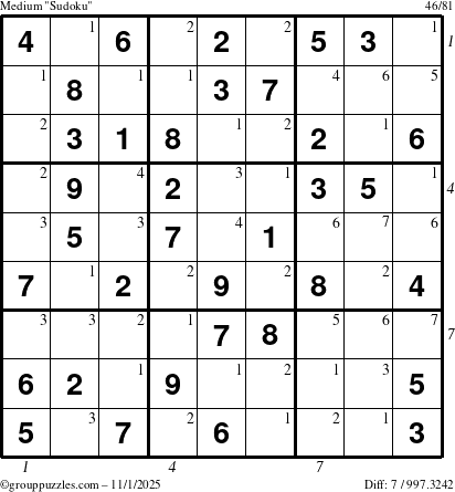 The grouppuzzles.com Medium Sudoku puzzle for Saturday November 1, 2025, suitable for printing, with all 7 steps marked