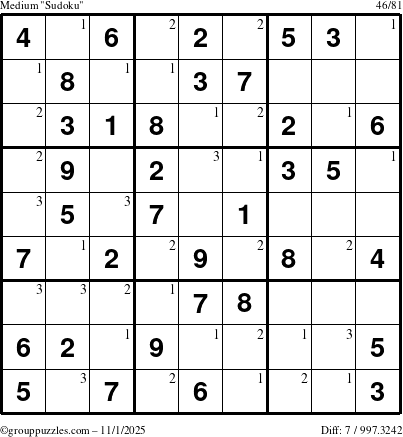 The grouppuzzles.com Medium Sudoku puzzle for Saturday November 1, 2025 with the first 3 steps marked