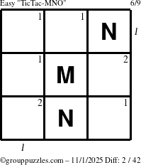 The grouppuzzles.com Easy TicTac-MNO puzzle for Saturday November 1, 2025 with all 2 steps marked