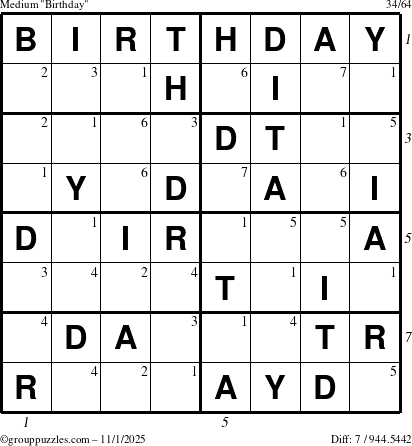 The grouppuzzles.com Medium Birthday puzzle for Saturday November 1, 2025 with all 7 steps marked
