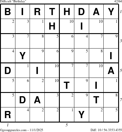 The grouppuzzles.com Difficult Birthday puzzle for Saturday November 1, 2025 with all 10 steps marked