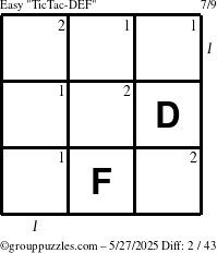 The grouppuzzles.com Easy TicTac-DEF puzzle for Tuesday May 27, 2025, suitable for printing, with all 2 steps marked
