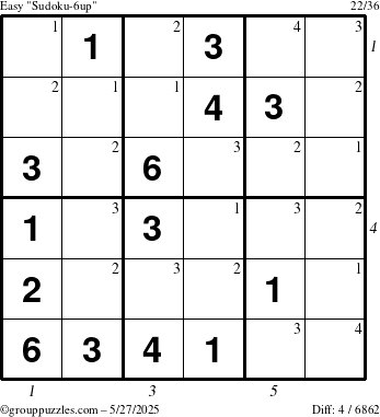 The grouppuzzles.com Easy Sudoku-6up puzzle for Tuesday May 27, 2025 with all 4 steps marked