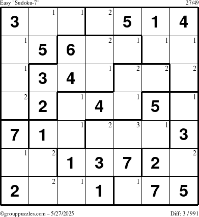 The grouppuzzles.com Easy Sudoku-7 puzzle for Tuesday May 27, 2025 with the first 3 steps marked