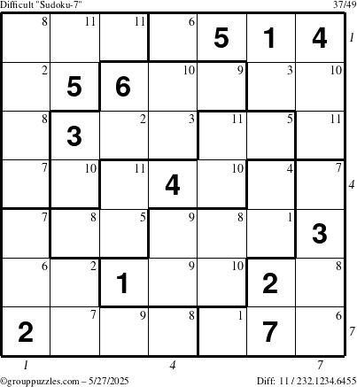 The grouppuzzles.com Difficult Sudoku-7 puzzle for Tuesday May 27, 2025, suitable for printing, with all 11 steps marked