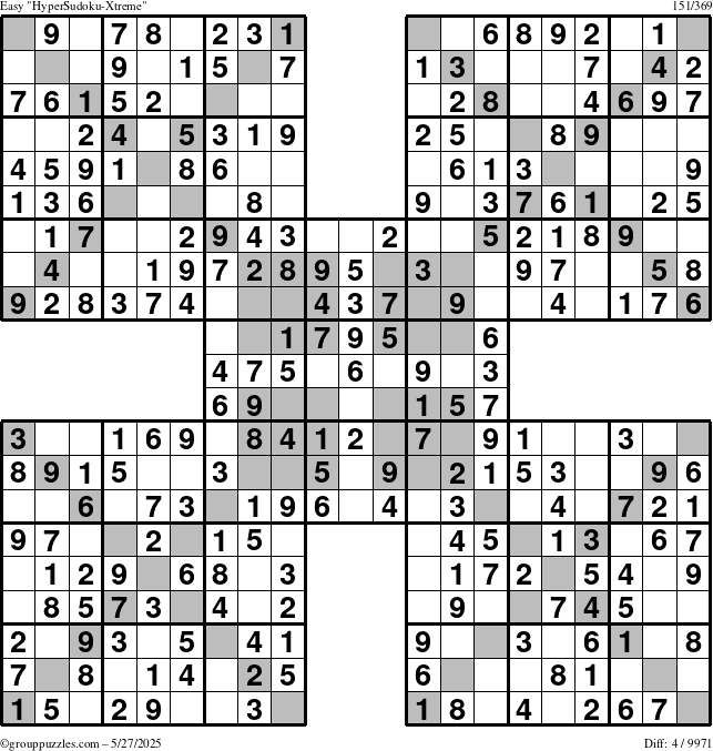 The grouppuzzles.com Easy HyperSudoku-Xtreme puzzle for Tuesday May 27, 2025