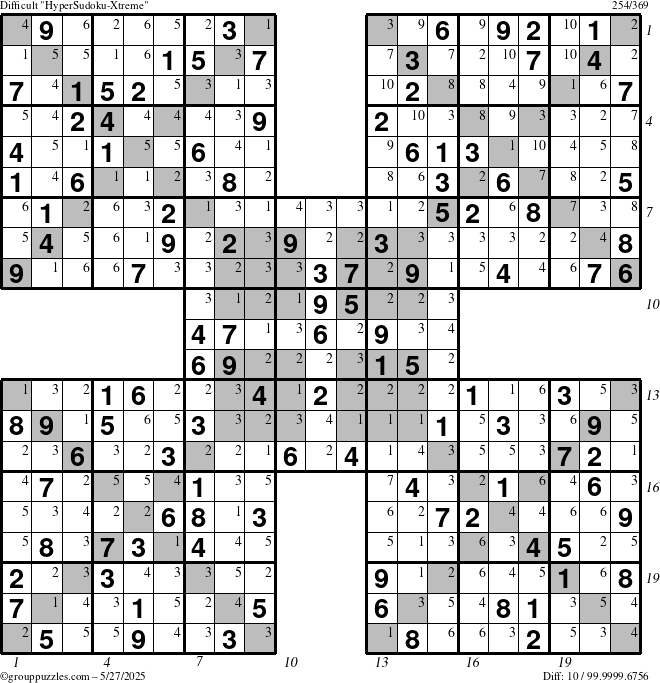 The grouppuzzles.com Difficult HyperSudoku-Xtreme puzzle for Tuesday May 27, 2025, suitable for printing, with all 10 steps marked