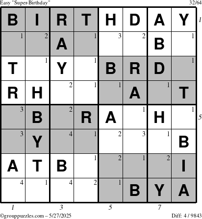 The grouppuzzles.com Easy Super-Birthday puzzle for Tuesday May 27, 2025 with all 4 steps marked