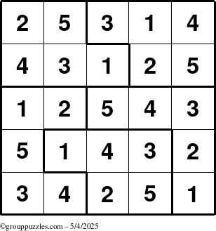 The grouppuzzles.com Answer grid for the Sudoku-5 puzzle for Sunday May 4, 2025