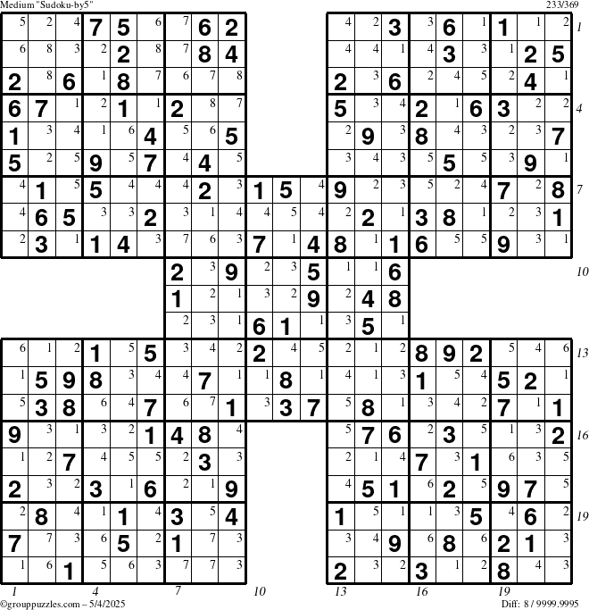 The grouppuzzles.com Medium Sudoku-by5 puzzle for Sunday May 4, 2025, suitable for printing, with all 8 steps marked