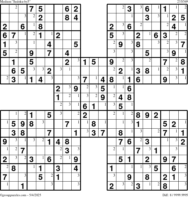 The grouppuzzles.com Medium Sudoku-by5 puzzle for Sunday May 4, 2025 with the first 3 steps marked