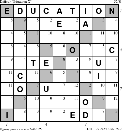 The grouppuzzles.com Difficult Education-X puzzle for Sunday May 4, 2025 with all 12 steps marked